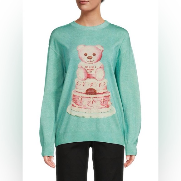 Moschino Couture Teal Shimmer Lightweight Bear Sweater